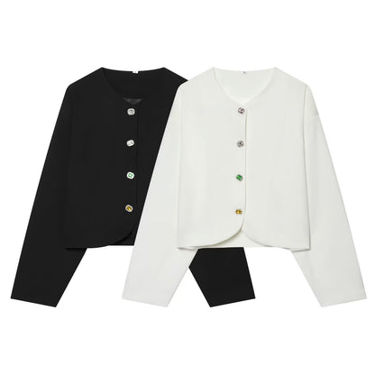 Women's Cropped Boxy Jacket with Decorative Buttons and Round Neckline Shop Velvia
