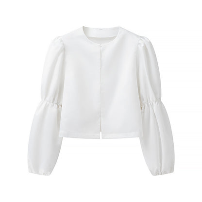 Ladies Glossy Satin Blouse with Voluminous Puff Sleeves Shop Velvia