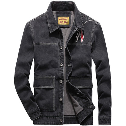 Men's denim jacket with patch pockets and worn effects Shop Velvia