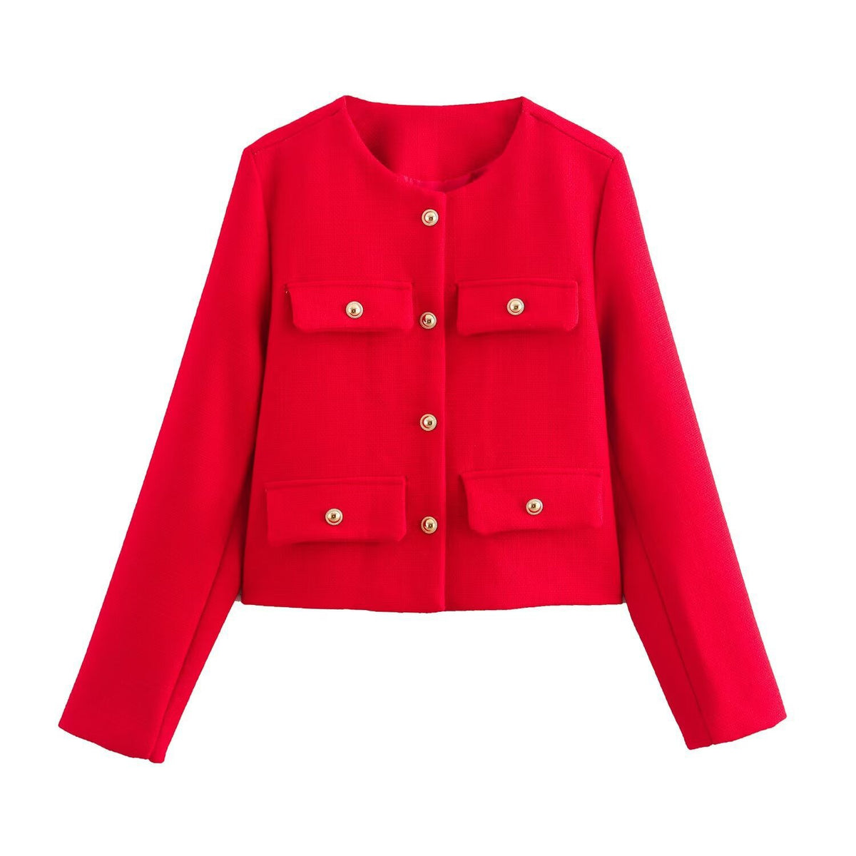 Women Short-Cut Boucle Blazer with Round Neckline, Four Flap Pockets and Gold Decorative Buttons Shop Velvia