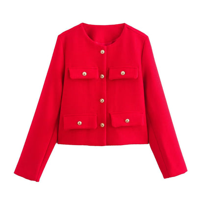Women Short-Cut Boucle Blazer with Round Neckline, Four Flap Pockets and Gold Decorative Buttons Shop Velvia