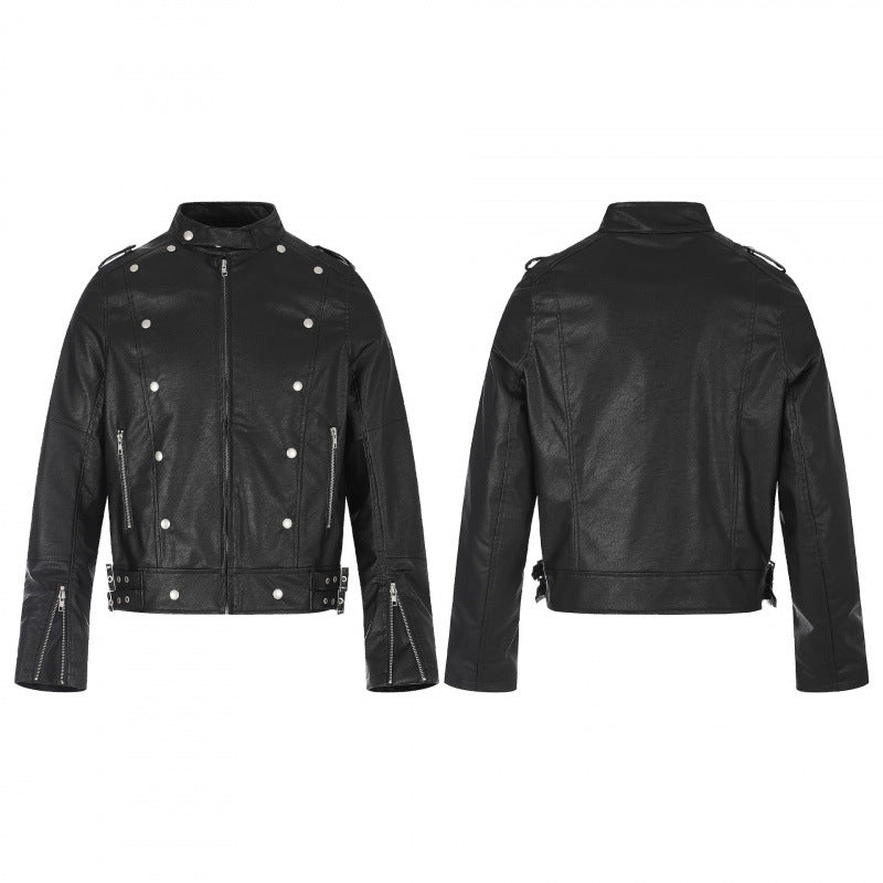 Unisex Short Cut Studded Leather Jacket in Biker Style with Stand-Up Collar, Zipper Sleeves and Waist Strap Shop Velvia