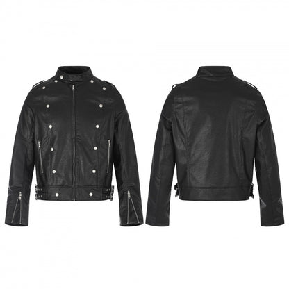Unisex Short Cut Studded Leather Jacket in Biker Style with Stand-Up Collar, Zipper Sleeves and Waist Strap Shop Velvia