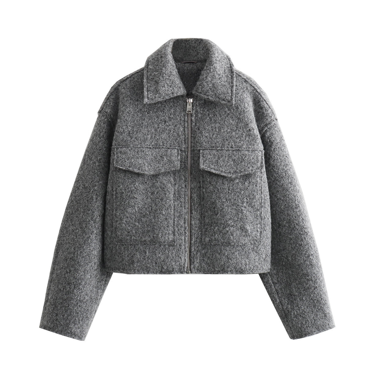 Women Short Boucle Jacket in Boxy Cut with Zip and Flap Pockets Shop Velvia