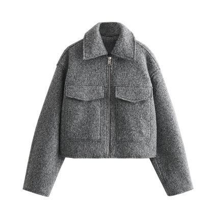 Women Short Boucle Jacket in Boxy Cut with Zip and Flap Pockets Shop Velvia