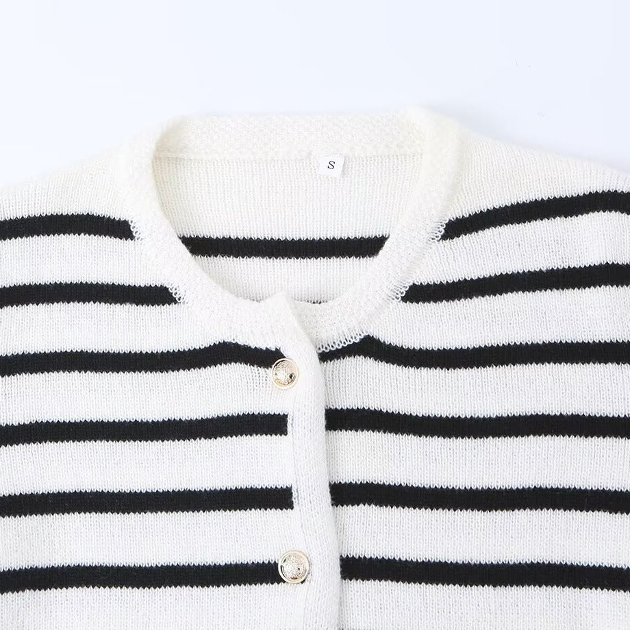 Women Striped Cardigan with Round Neck, Decorative Button Placket and Patch Pockets Shop Velvia