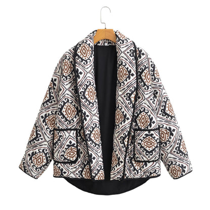 Women's quilted kimono jacket with graphic ethnic print and waist belt Shop Velvia