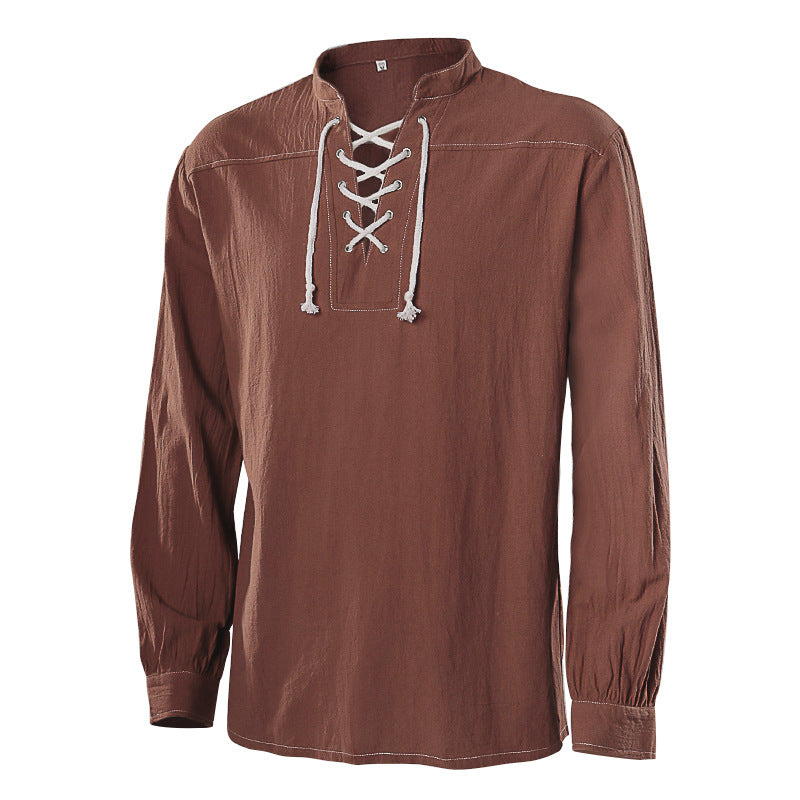 Men's casual short-sleeve shirt with laced V-neck, short stand-up collar, and soft cotton blend Shop Velvia