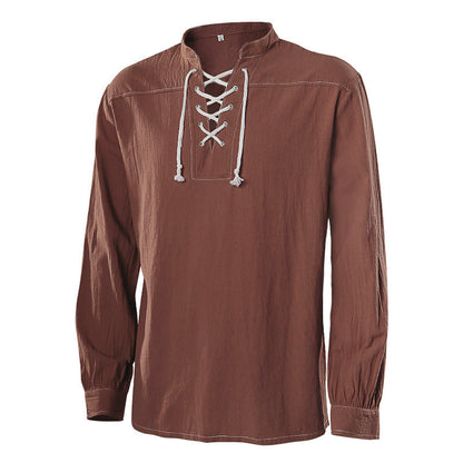 Men's casual short-sleeve shirt with laced V-neck, short stand-up collar, and soft cotton blend Shop Velvia