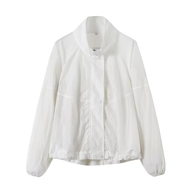 Women's Lightweight Wind and Travel Jacket with Stand Collar, Concealed Snap Placket and Drawstring Hem Shop Velvia