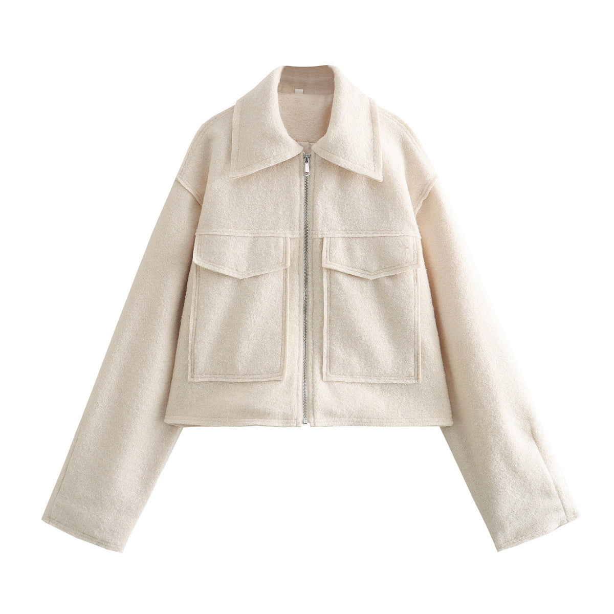 Women Short Boucle Jacket in Boxy Cut with Zip and Flap Pockets Shop Velvia