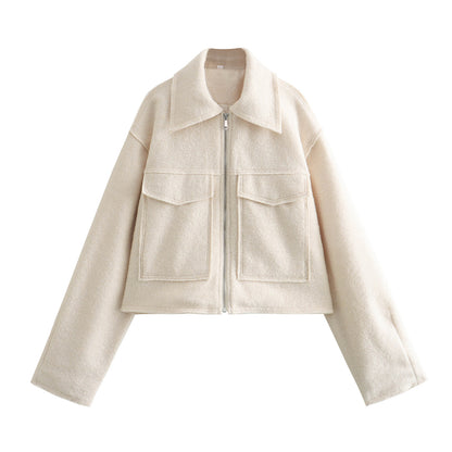Women Short Boucle Jacket in Boxy Cut with Zip and Flap Pockets Shop Velvia