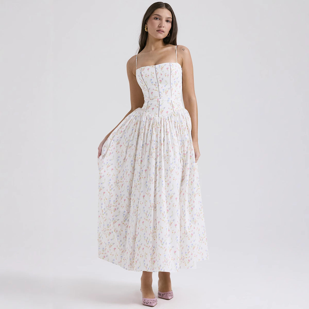 Women's fitted maxi dress with corset top and fine spaghetti straps