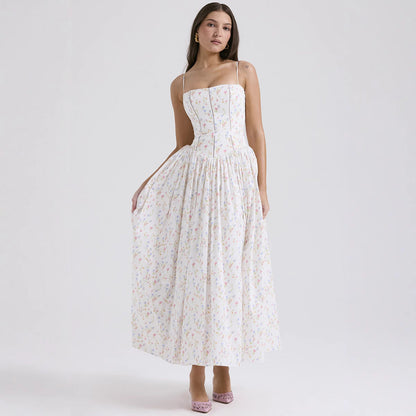 Women's fitted maxi dress with corset top and fine spaghetti straps