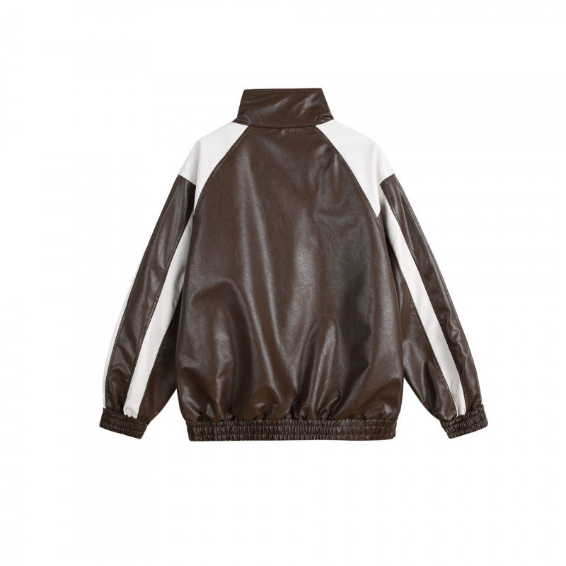 Unisex Retro-inspired Faux Leather Bomber Jacket with Stand-up Collar, Contrast Stripes and Letter Patch Shop Velvia