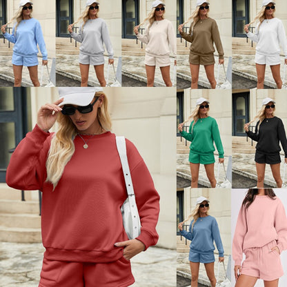 Women's Casual Two-Piece Lounge Sweatset with Oversized Round Neck Sweatshirt and High-Waist Relax Shorts Shop Velvia