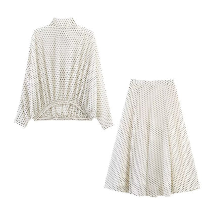 Women's Two-Piece Polka Dot Set with Stand Collar Blouse and Flared Midi Skirt Shop Velvia
