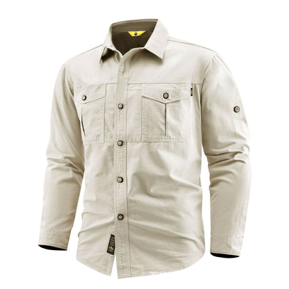 Men's Canvas Overshirt in Field Style with Chest Flaps and Full Button Placket Shop Velvia