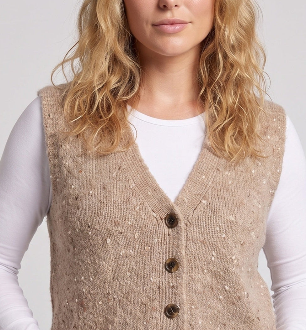 Women’s knitted vest with V-neck, bouclé texture and wooden button placket Shop Velvia