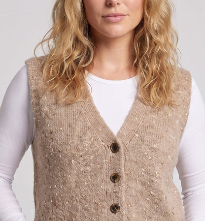 Women’s knitted vest with V-neck, bouclé texture and wooden button placket Shop Velvia