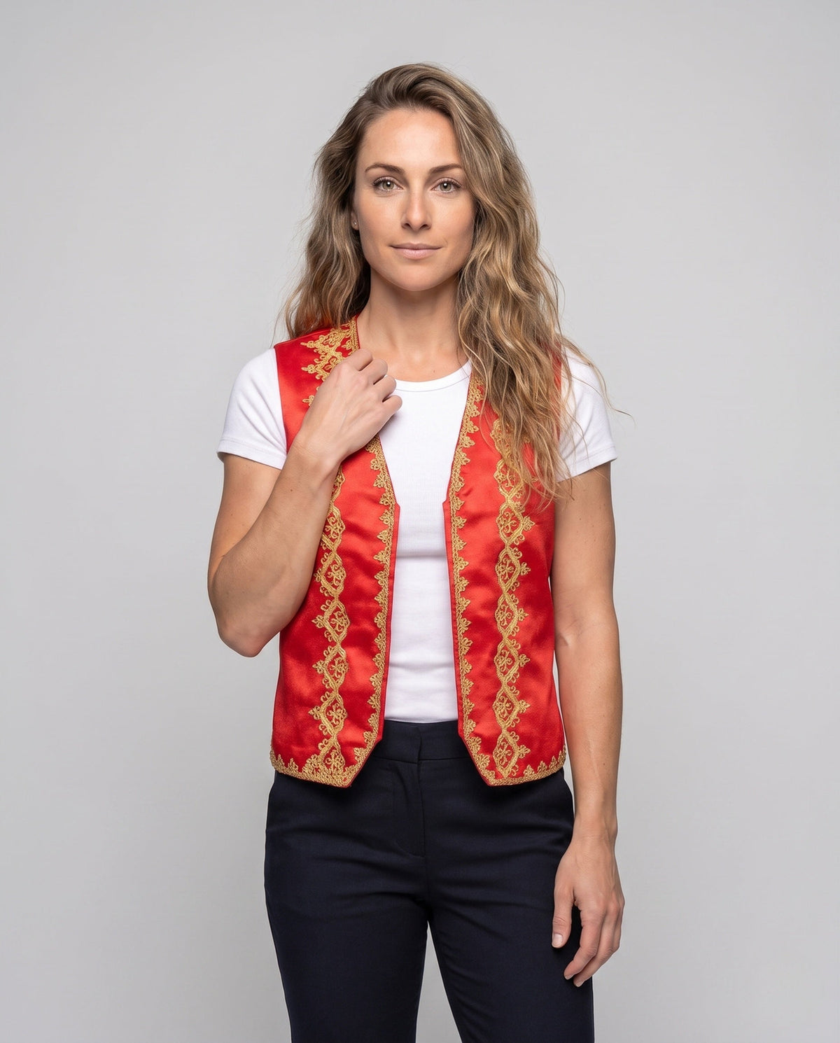 Women's Elegant Stand Collar Vest with Artful Decorations Shop Velvia