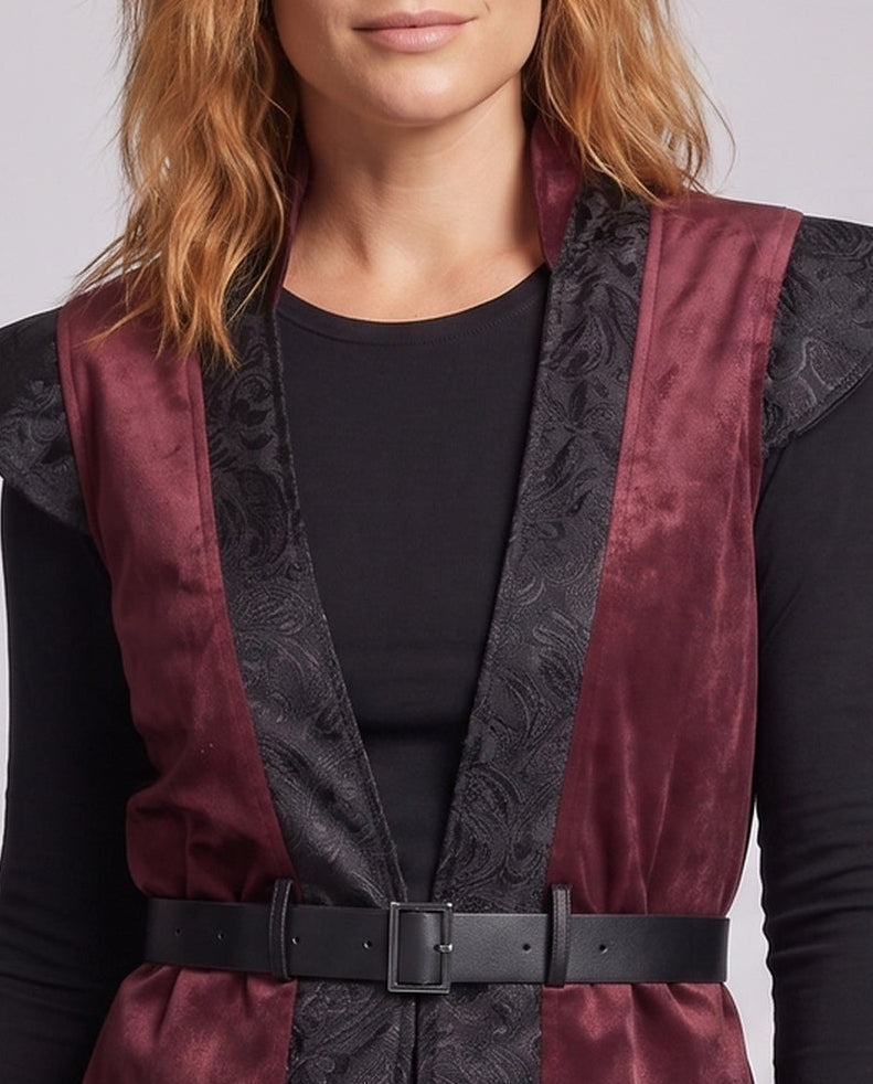 Ladies stylish costume display with deep V-neck and decorative belt Shop Velvia