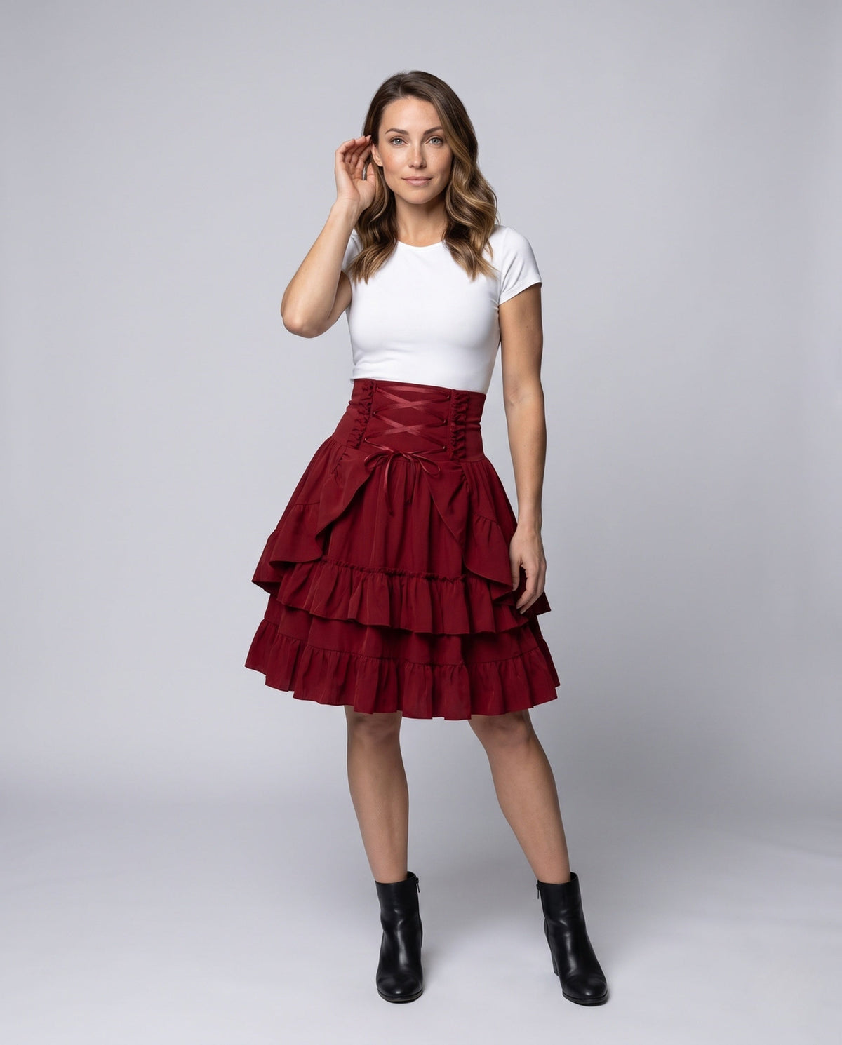 Women Sweet Ruffled Dress with Apron Design and Lacing Details Shop Velvia