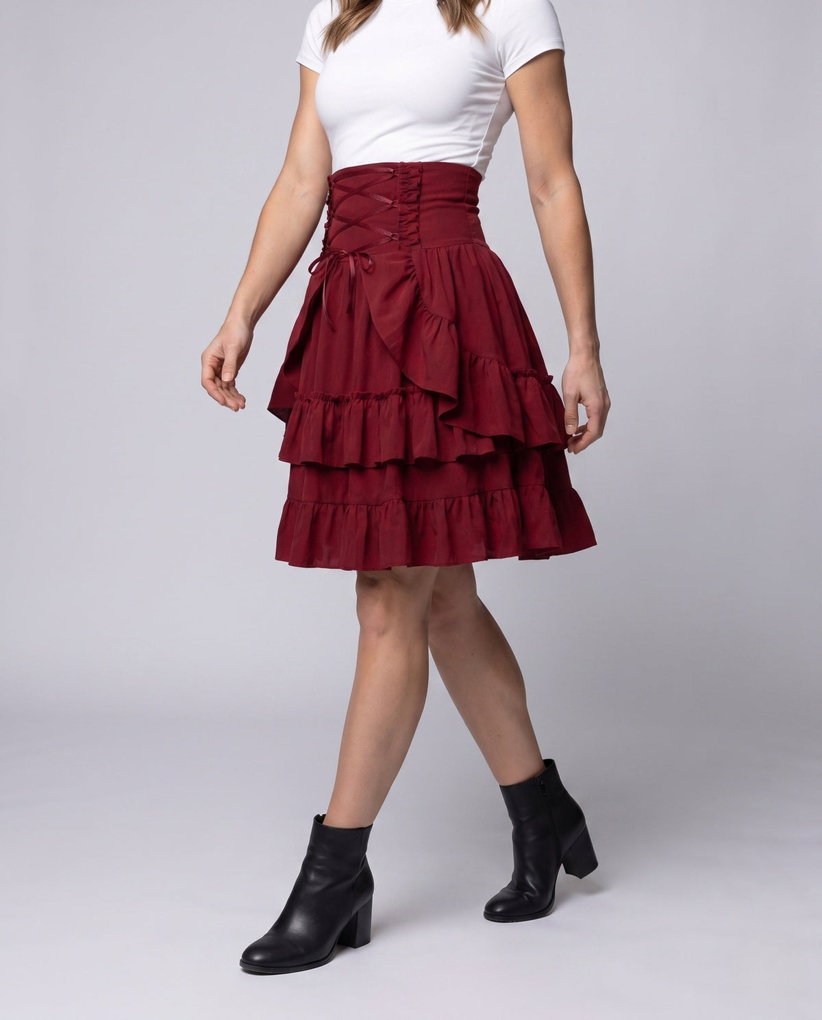 Women Sweet Ruffled Dress with Apron Design and Lacing Details Shop Velvia