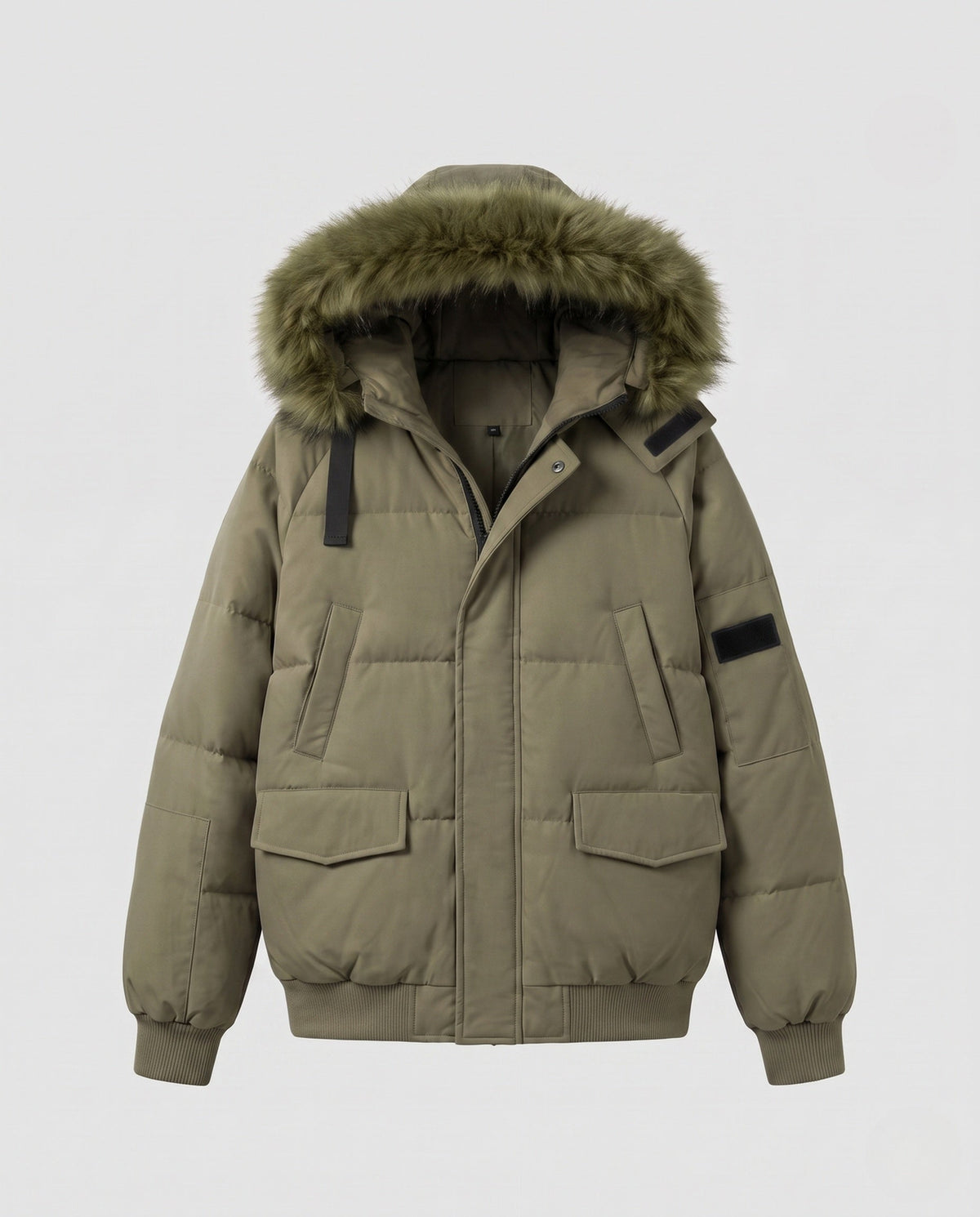 Women's short urban thermal parka with detachable faux fur trim, raglan sleeves, and concealed two-way zipper