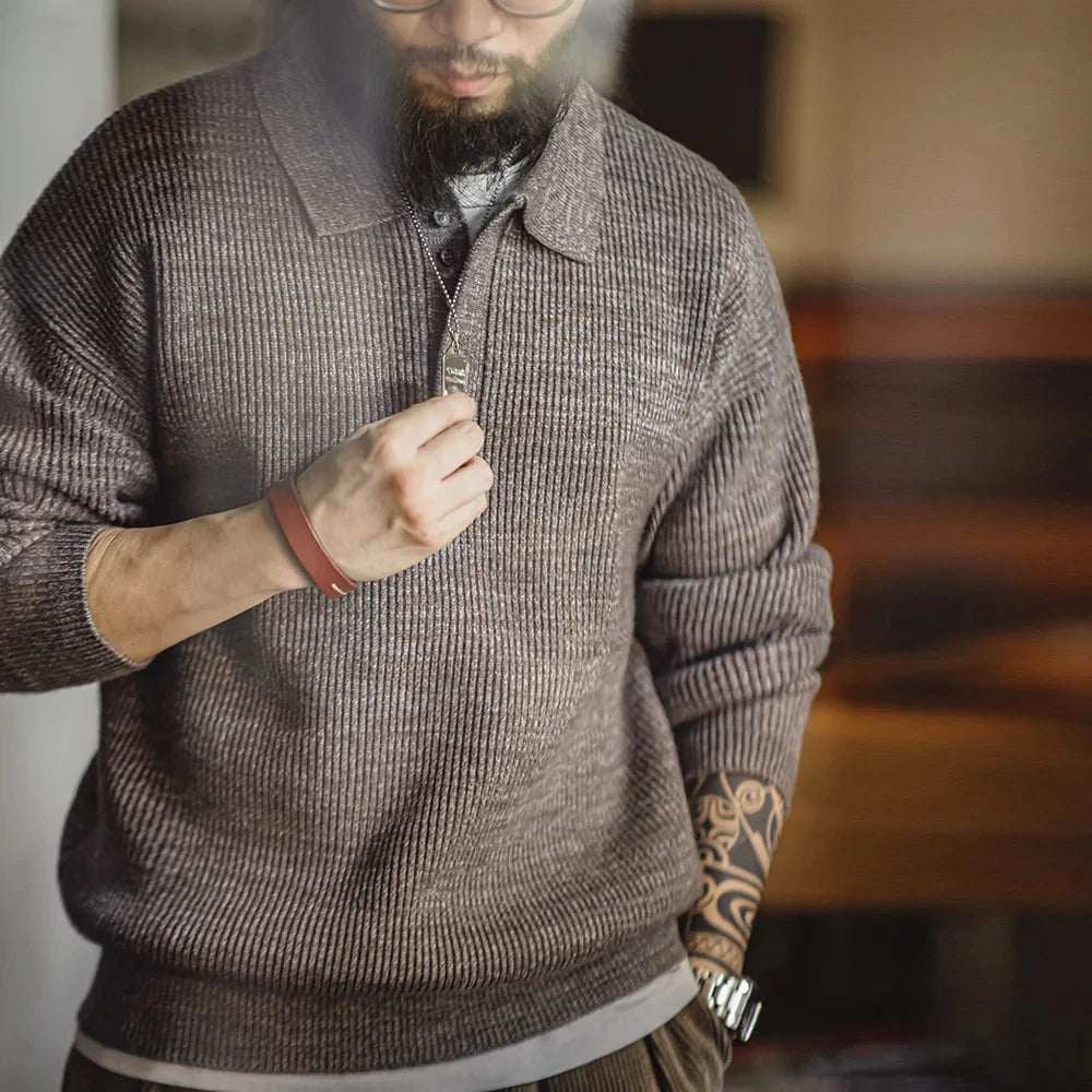Maden™ | Men's Loose Fit Coffee Color Lapel Sweater