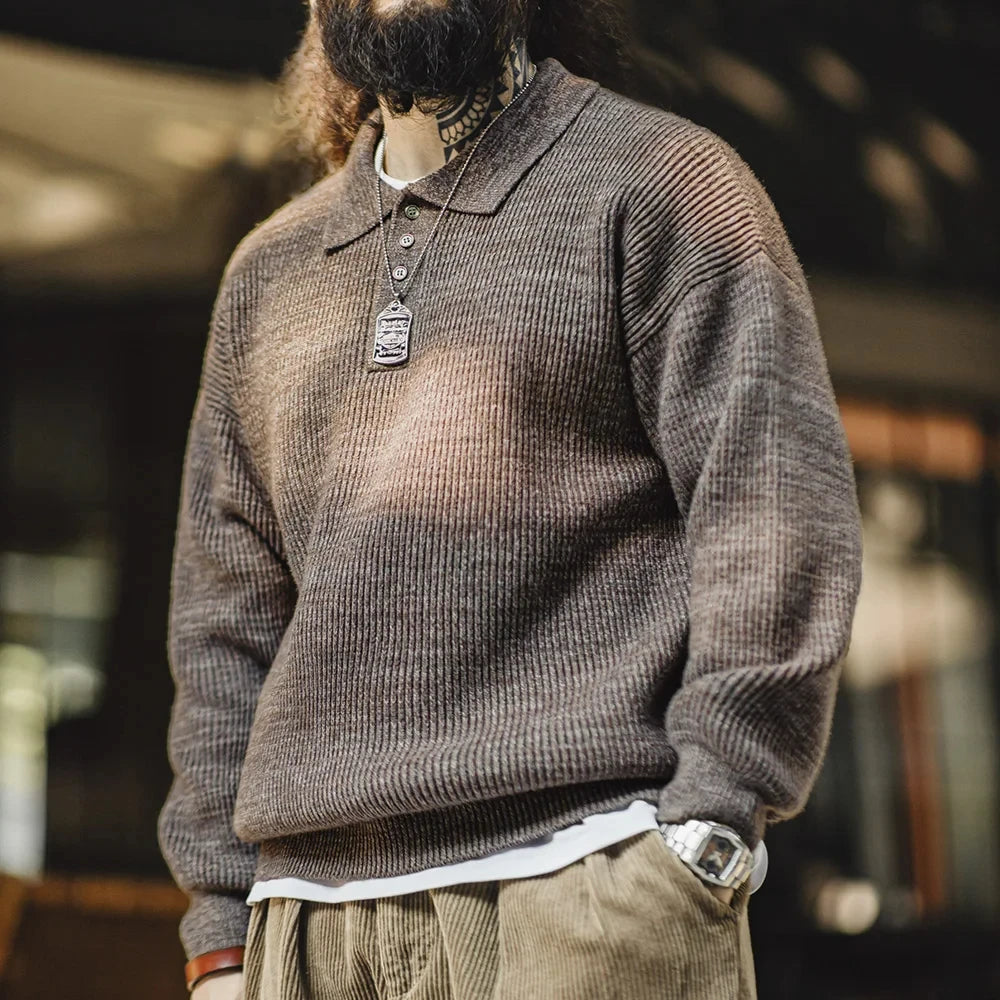 Maden™ | Men's Loose Fit Coffee Color Lapel Sweater