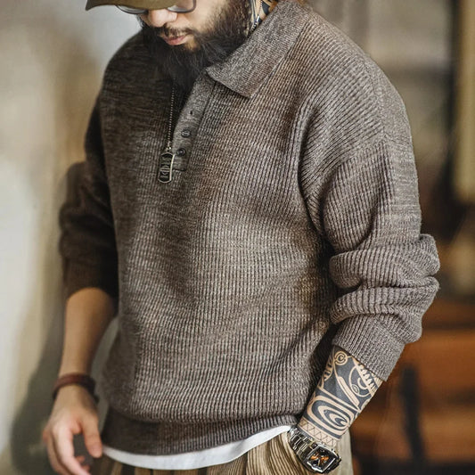 Maden™ | Men's Loose Fit Coffee Color Lapel Sweater