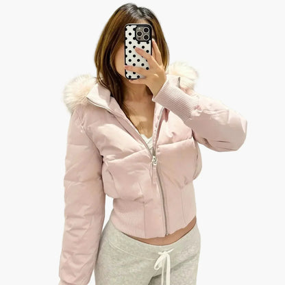 Shop Velvia | Winter jacket with hood and fur collar - Stylish, tailored transitional jacket for autumn and winter