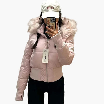 Shop Velvia | Winter jacket with hood and fur collar - Stylish, tailored transitional jacket for autumn and winter