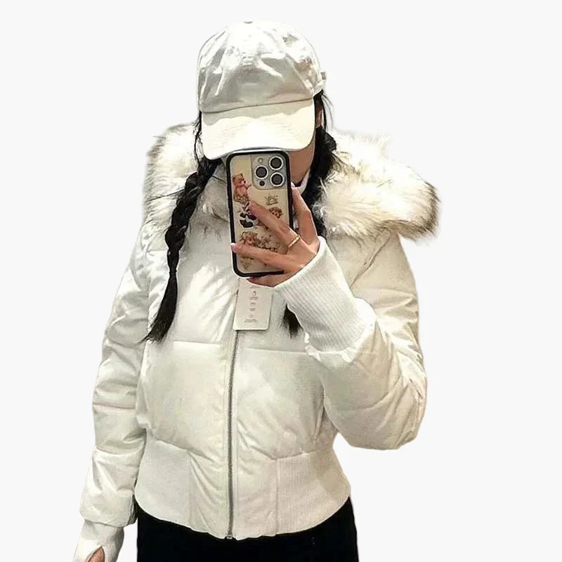 Shop Velvia | Winter jacket with hood and fur collar - Stylish, tailored transitional jacket for autumn and winter