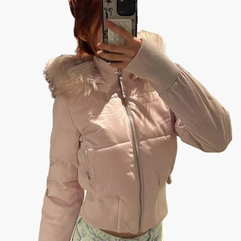 Shop Velvia | Winter jacket with hood and fur collar - Stylish, tailored transitional jacket for autumn and winter