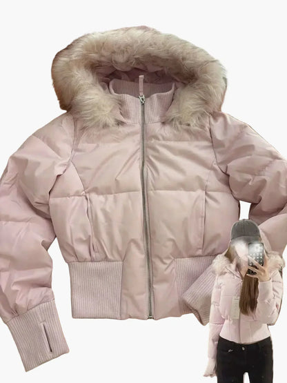 Shop Velvia | Winter jacket with hood and fur collar - Stylish, tailored transitional jacket for autumn and winter