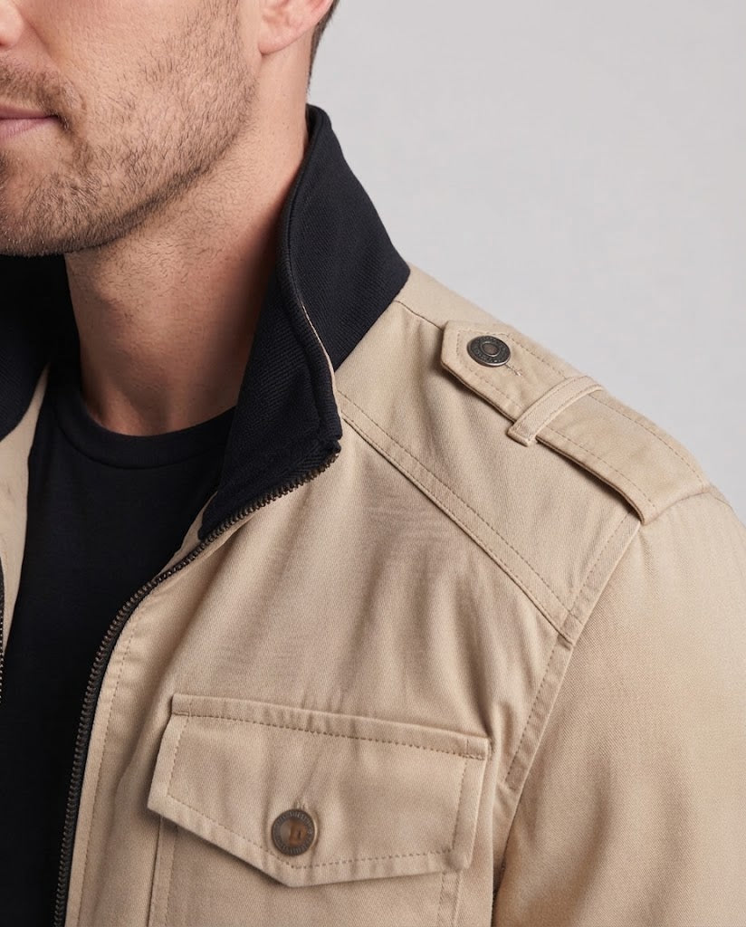 Men's Field Jacket with Stand-Up Collar Check Inner Lining and Epaulettes Shop Velvia