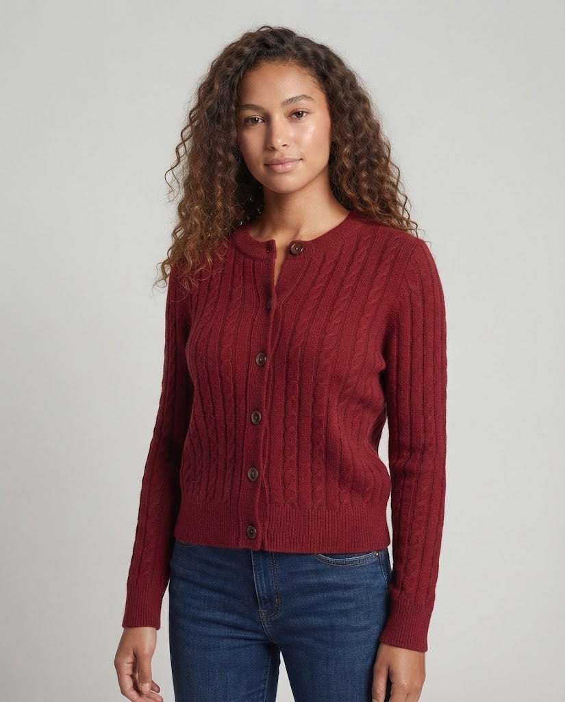 Women's Short-Cut Cable Knit Cardigan with Drawstring and Horn Button Placket Shop Velvia
