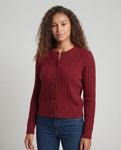 Women's Short-Cut Cable Knit Cardigan with Drawstring and Horn Button Placket Shop Velvia