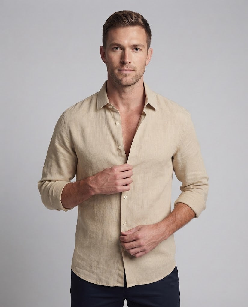 Men's Lightweight Comfort Linen Shirt with Button Closure and Rounded Hem Shop Velvia