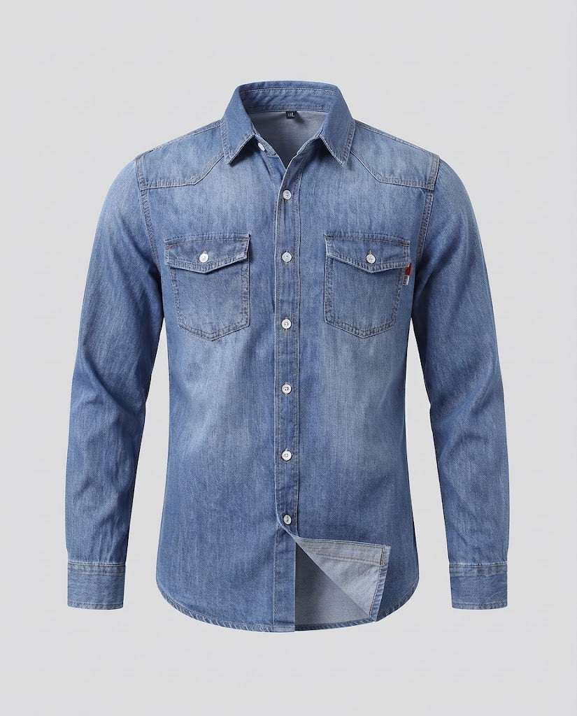Men's sturdy denim shirt jacket with patch chest pockets Shop Velvia