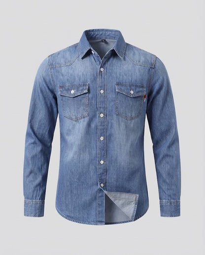 Men's sturdy denim shirt jacket with patch chest pockets Shop Velvia