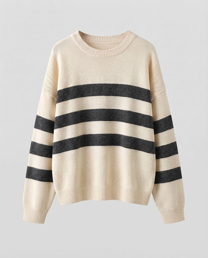 Ladies Striped Fine Knit Sweater with Round Neck, Dropped Shoulder and Loose Silhouette Shop Velvia