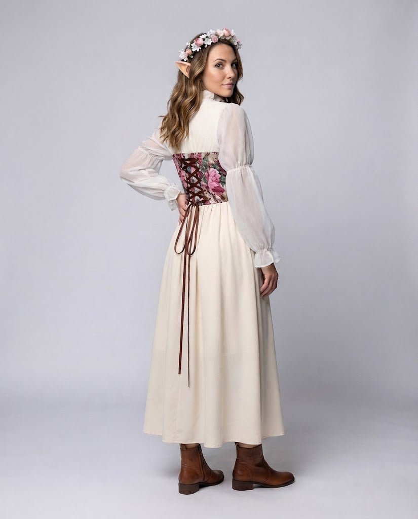 Ladies romantic maxi dress with floral design and transparent puff sleeves Shop Velvia
