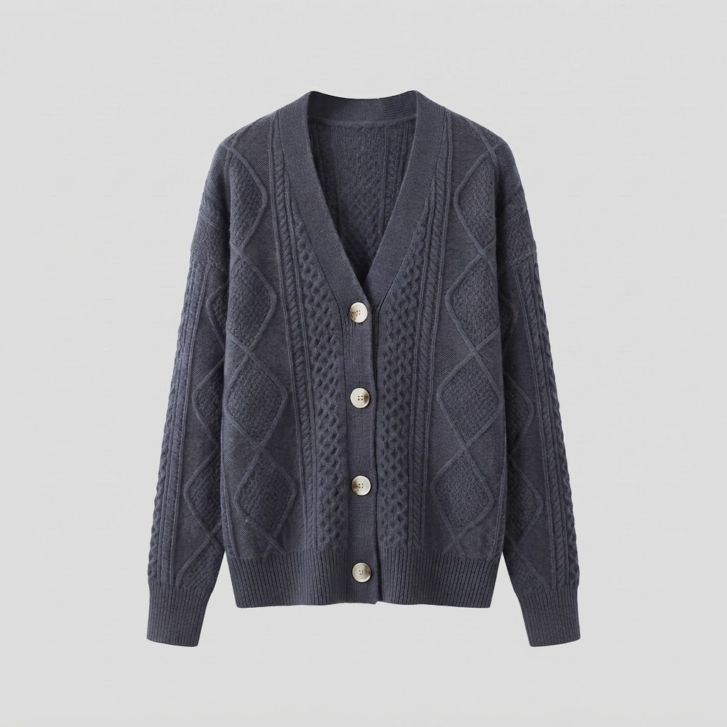 Women Fine Wool Blend Cardigan with Cable Pattern, V-Neck and Pearl Buttons Shop Velvia