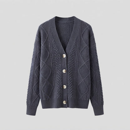 Women Fine Wool Blend Cardigan with Cable Pattern, V-Neck and Pearl Buttons Shop Velvia