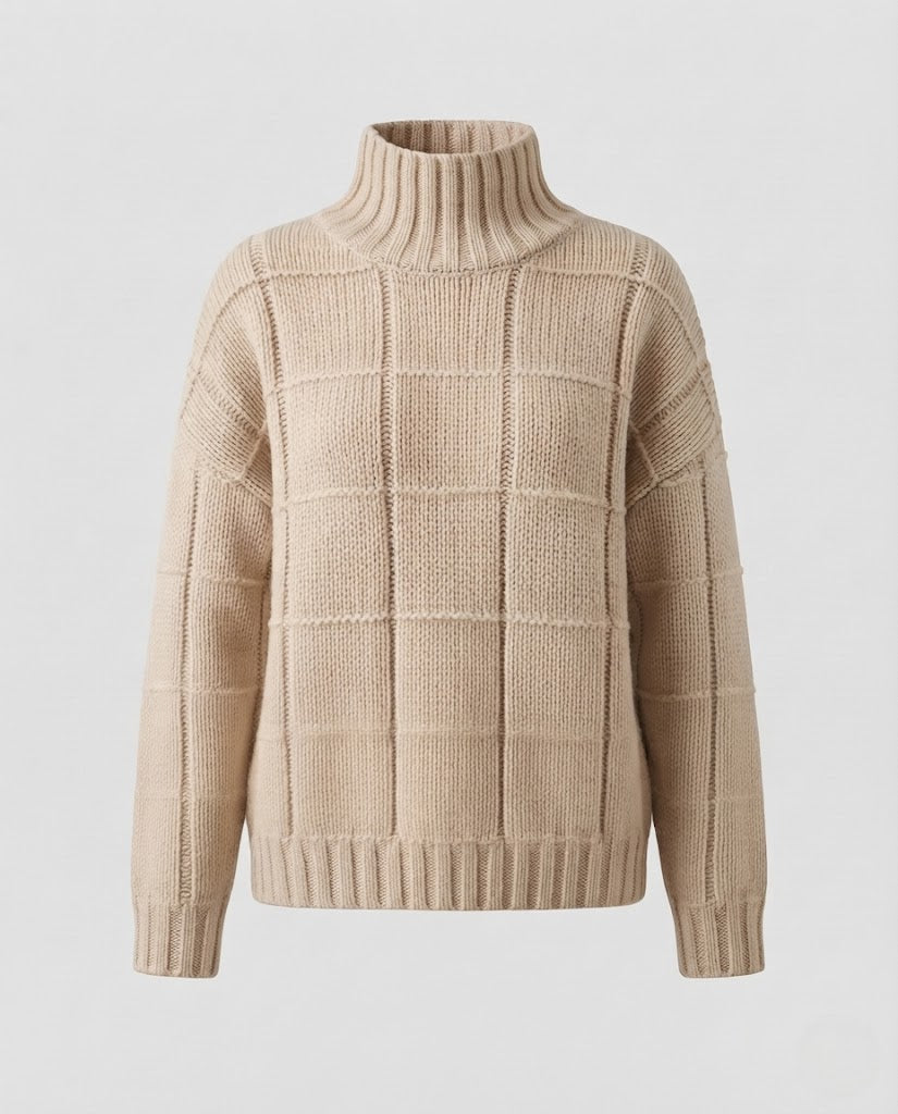 Women Checked Fine Knit Mock Neck Sweater with Boxy Oversize Silhouette Shop Velvia