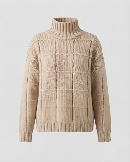 Women Checked Fine Knit Mock Neck Sweater with Boxy Oversize Silhouette Shop Velvia