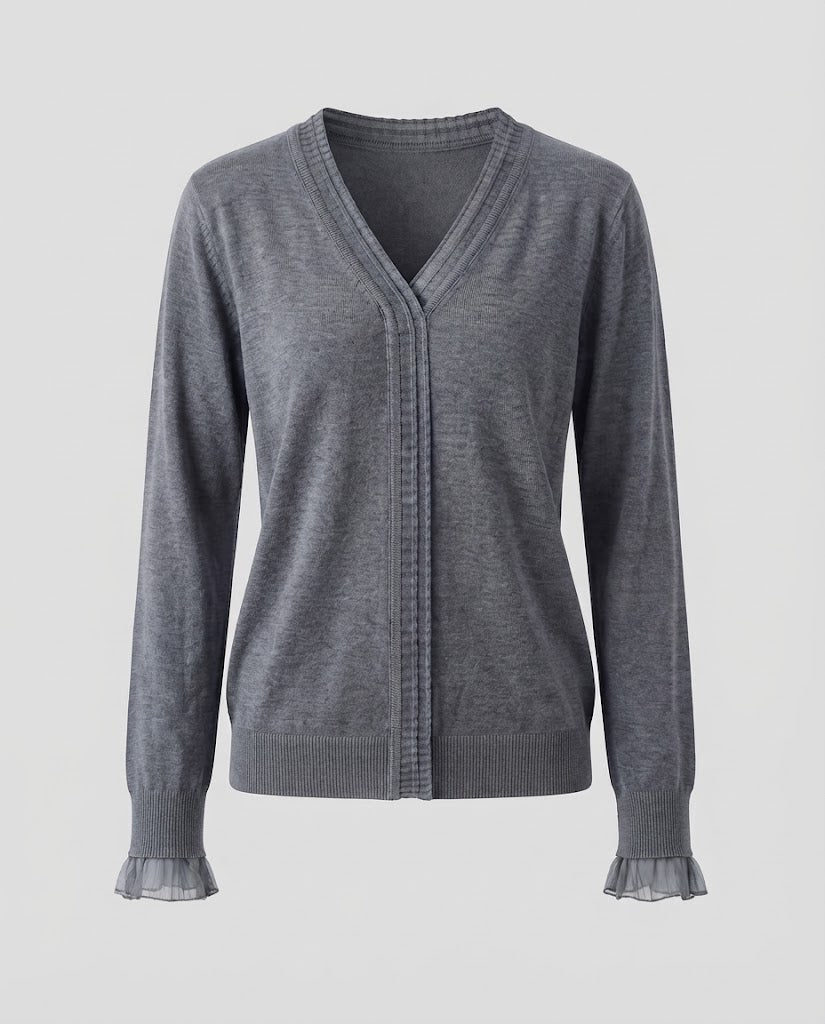Ladies Fine V-Neck Fine Knit Sweater with Pleated Trim and Flowing Silhouette Shop Velvia